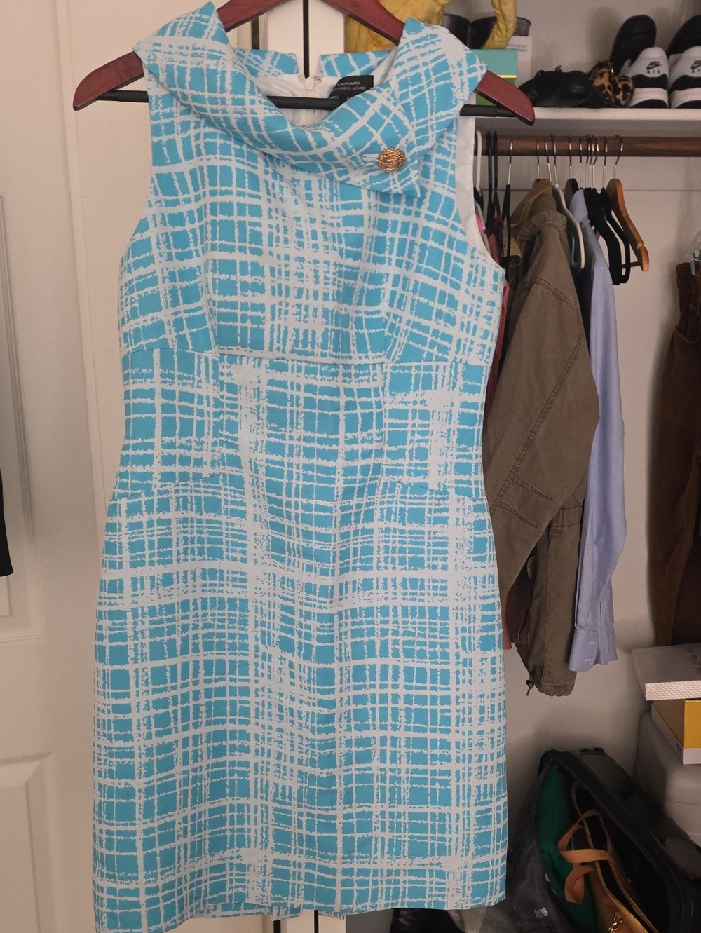 Tahari Aqua and White Plaid Midi Dress